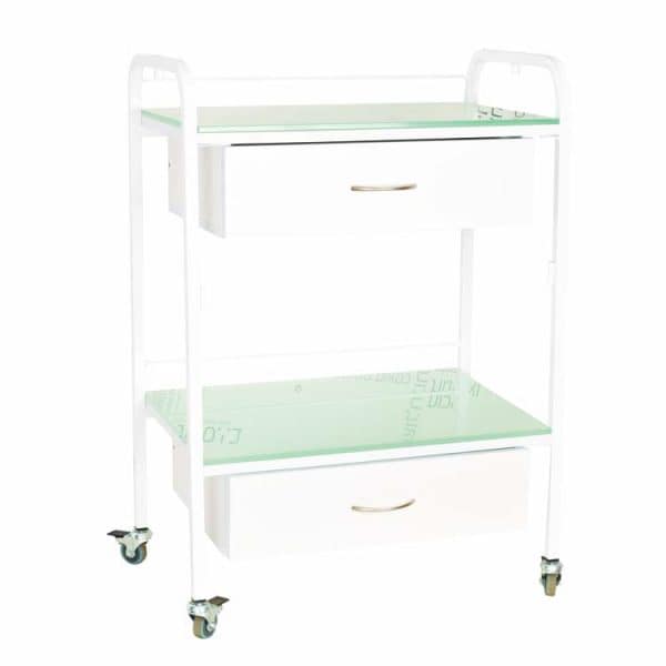 עגלה עם 2 מדפים ושני מגירות עץ ומעל זכוכית